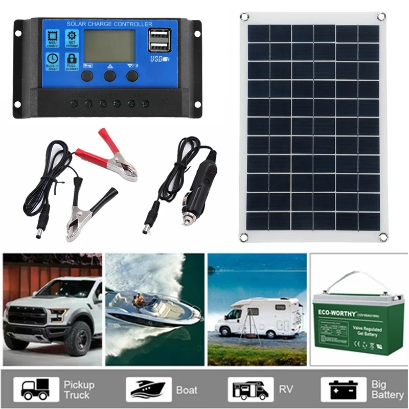 100W Solar Panel Kit 18V Dual USB With 10A-100A Controller Solar Cells Power Bank for Phone MP3 PAD Car Camping Hiking Outdoor