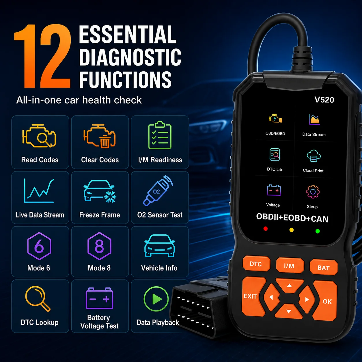 V520 OBD2 Scanner Car Engine Fault Code Reader DTC Clear Tool Real-Time Data Stream I/M Readiness Monitor 8 Languag