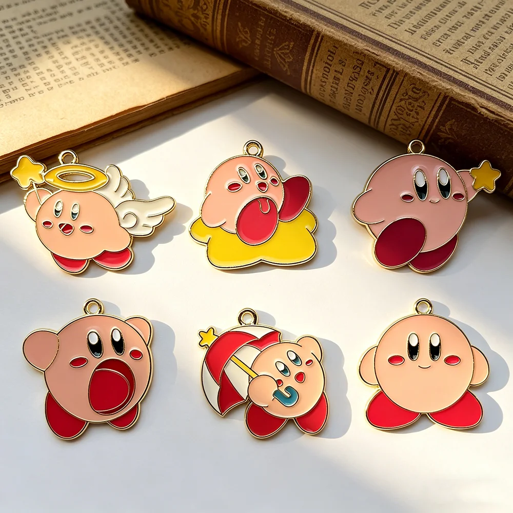 6Pcs Anime Cute Enamel Charms - Kawaii Pink Kirby Pendant, Keychains, Phone Charms & Handmade DIY Jewelry Making