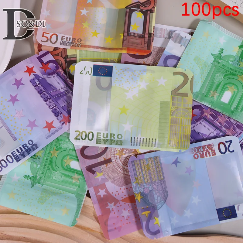 100Pcs 10€ 20€ 50€ 100€ 200€ 500€ Bills Paper Zip Lock Bag With Clear Window 1-3.5G Mylar Small Bag EURO Design Small Pouches