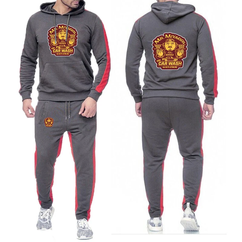 

2025 Men New With Pockets Hoodies+Casual Sweatpants Set Spring And Autumn Mr Miyagis Funny Graphic Solid Color Suit