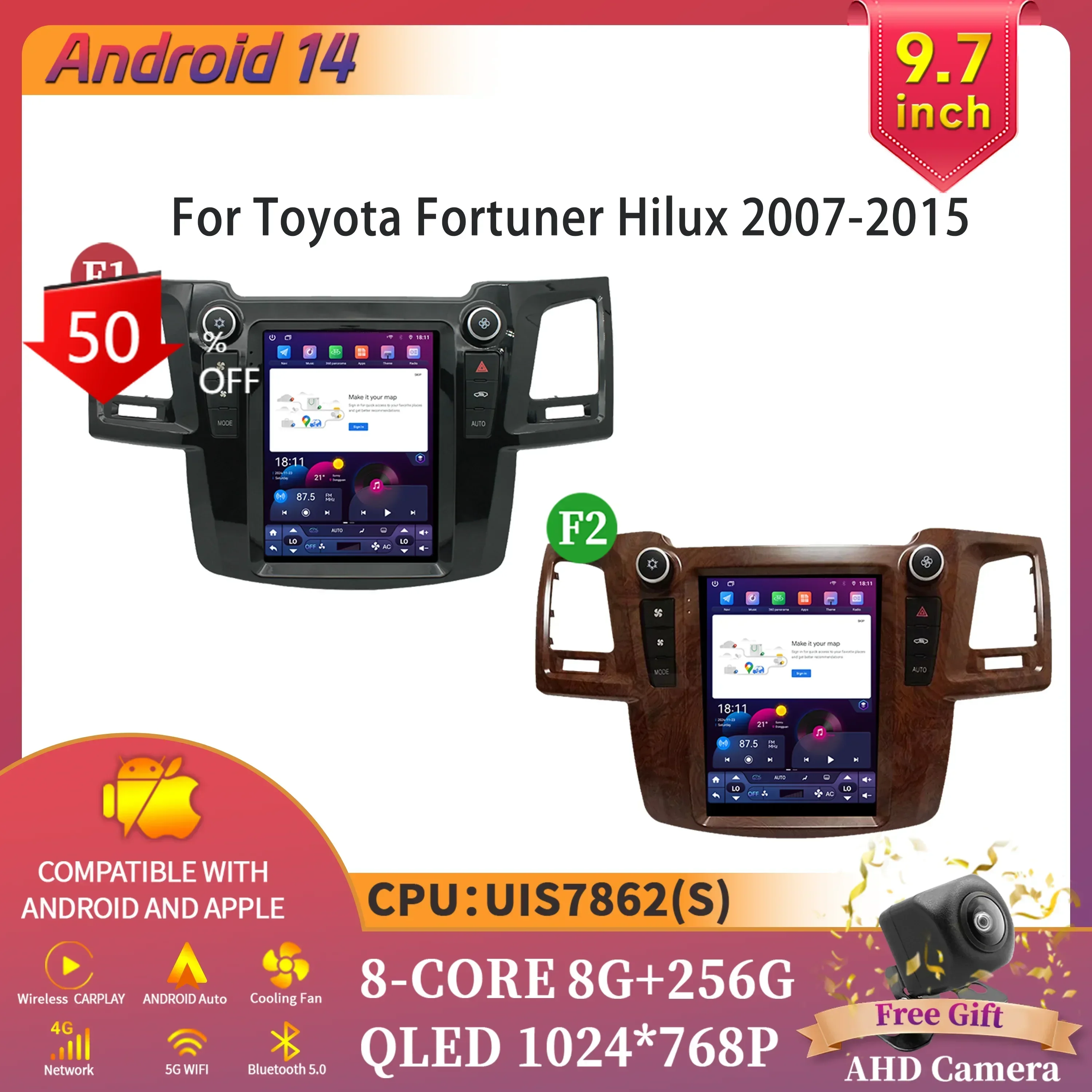 

9.7inch Android 14 For Toyota Fortuner Hilux 2007-2015 Car Radio Multimedia Intelligent GPS Bluetooth Apple Carplay Touch Screen