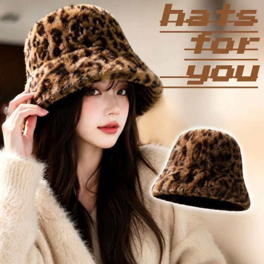 1 piece Women's Winter Leopard Print Fisherman Hat - Warm Ear-Protecting Fuzzy Bucket Hat