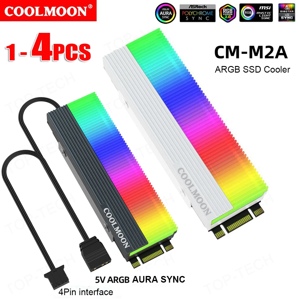 COOLMOON CM-M2A M.2 2280 SSD Heatsink Cooler with Thermal Pad 5V 3PIN ARGB NVME SSD Aluminum Alloy Radiator for M.2 2280