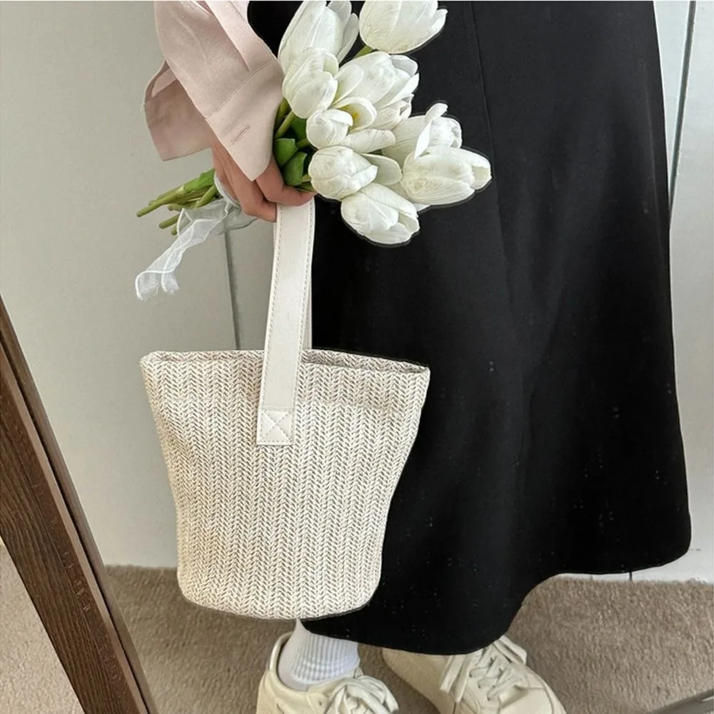 

Sweet PU Straw Bucket Bag Korean Style Solid Color Woven Handbag Zipper Handheld Small Phone Bag Vacation