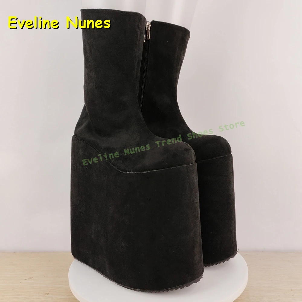 Black Faux Suede Mid-Calf Boots Round Toe Height Increase Solid Pull On Punk Cosplay Y2K Cool Dark Style Knee High Boots Summer