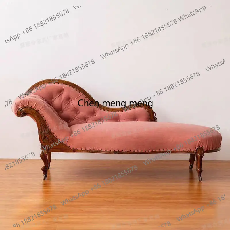 French carved solid wood chaise longue retro fabric living room sofa recliner home homestay beauty couch