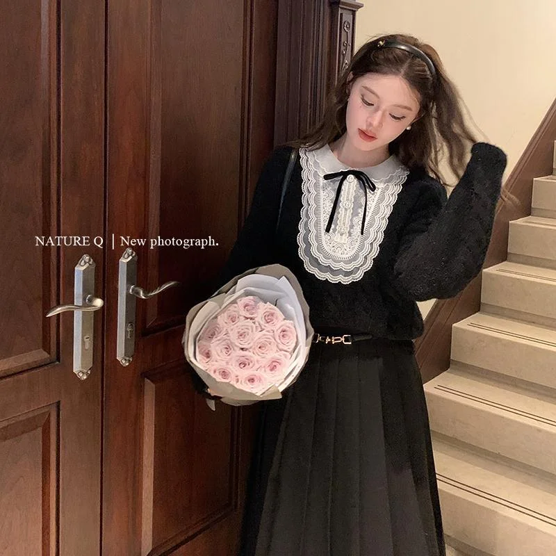 Retro Lazy Style Bow Splicing Pullover Twist Sweater for Women in Autumn and Winter High-end Gray Top