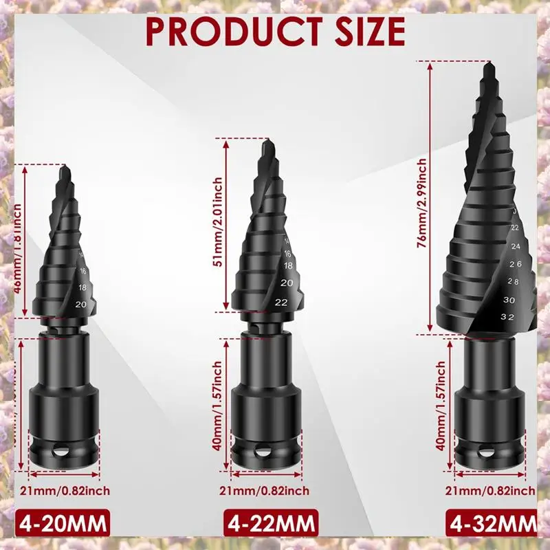 

-FTGT Набор из 3 ступенчатых сверл, ступенчатое сверло с рифлеными канавками, 4–32 мм, конусная спиральная канавка