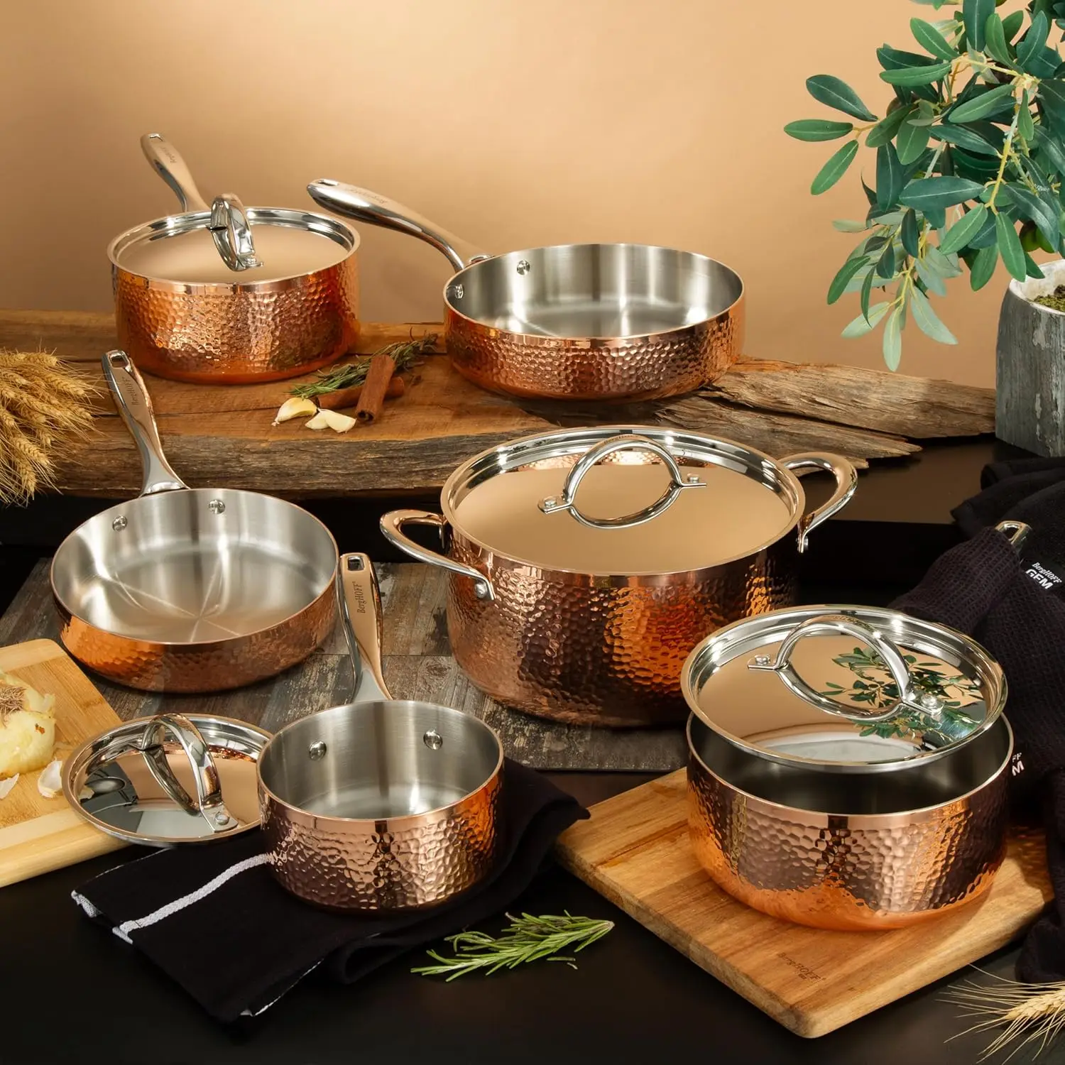 1Berghoff Vintage 10Pc Tri-Ply Copper 18/10 Stainless Steel Cookware Set With Matching Lids, Hammered, Long Ergonomic Shaped