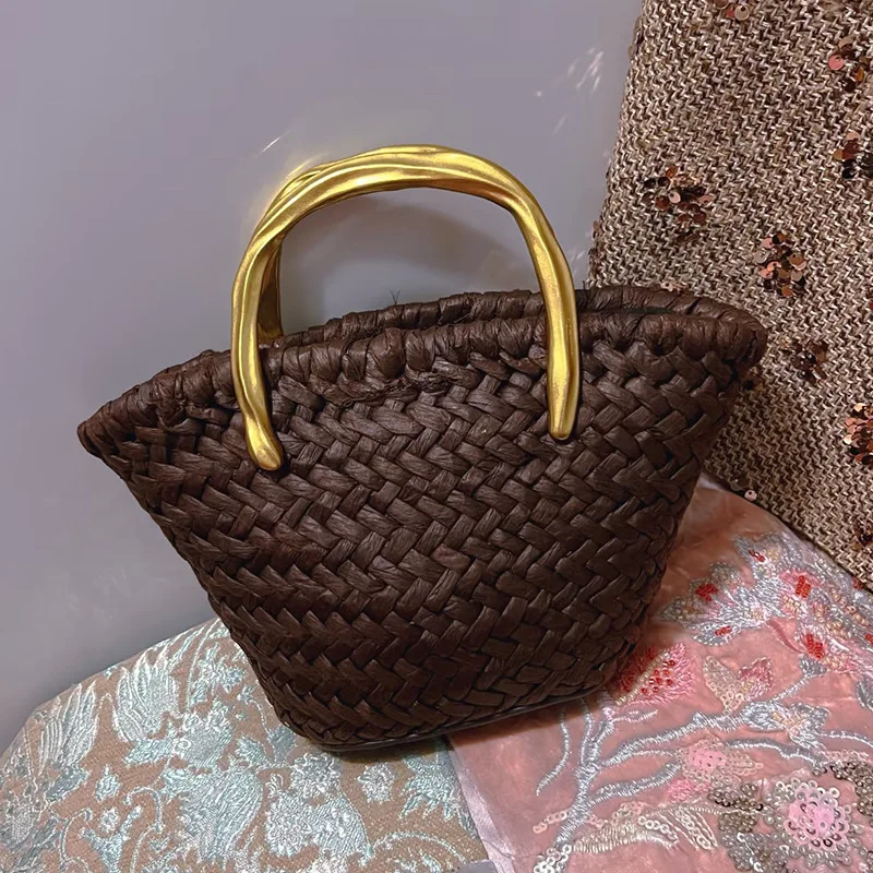 

Shell Beach Straw Bags For Women Luxury Designer Handbag And Purse 2026 New In Papyrus Knitting Metal Handle Chain Strap Shoulde