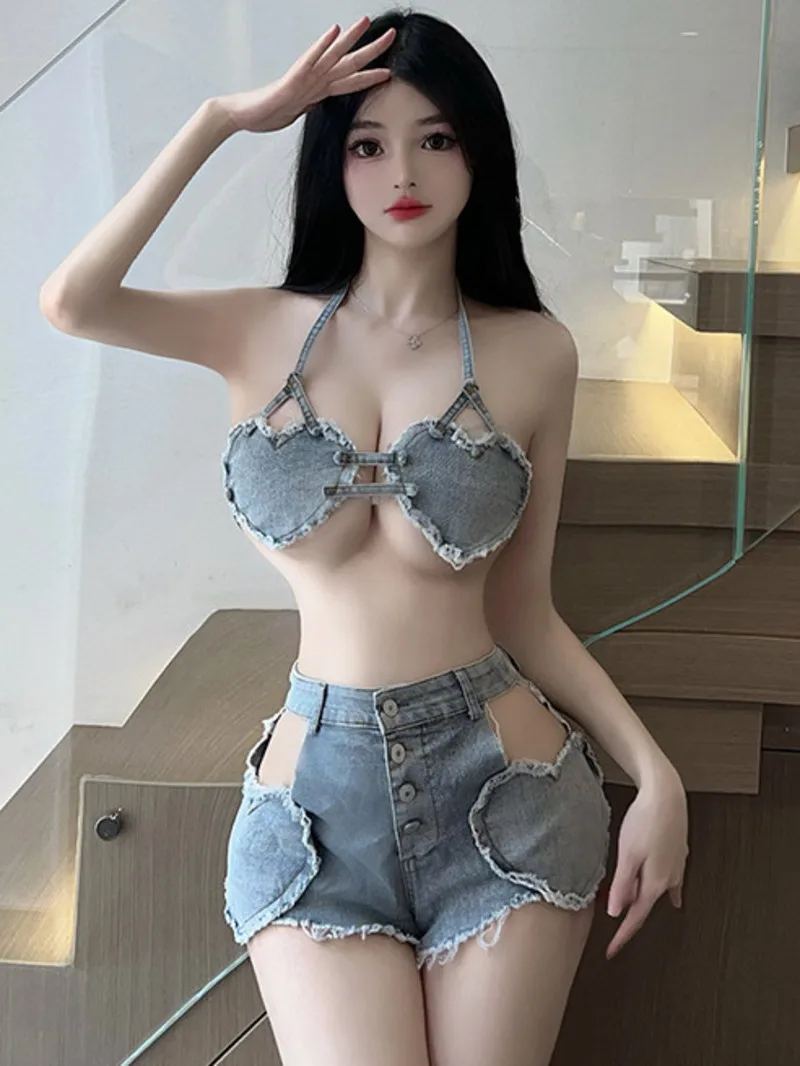 

Новые сексуальные игривые джинсовые шорты, комплекты с открытой спиной и глубоким V-образным вырезом, без рукавов, Pure Desire, повседневные стильные шорты XRRA