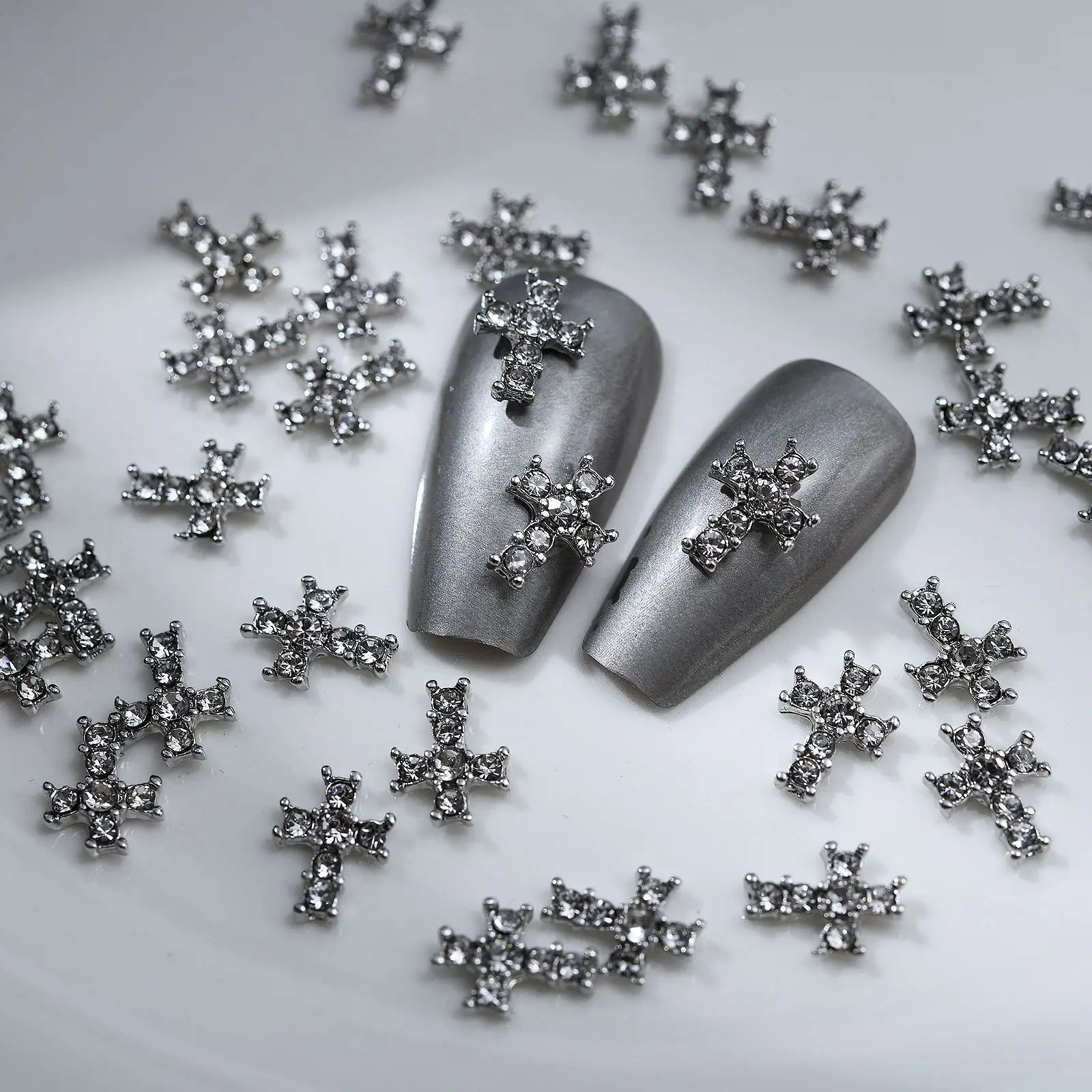 10Pcs Dark Series Cross Nail Charm Luxury Retro Silver Bottom Rhinestone Nail Art Decoration 3D Punk Cross Manicure DIY Supplies