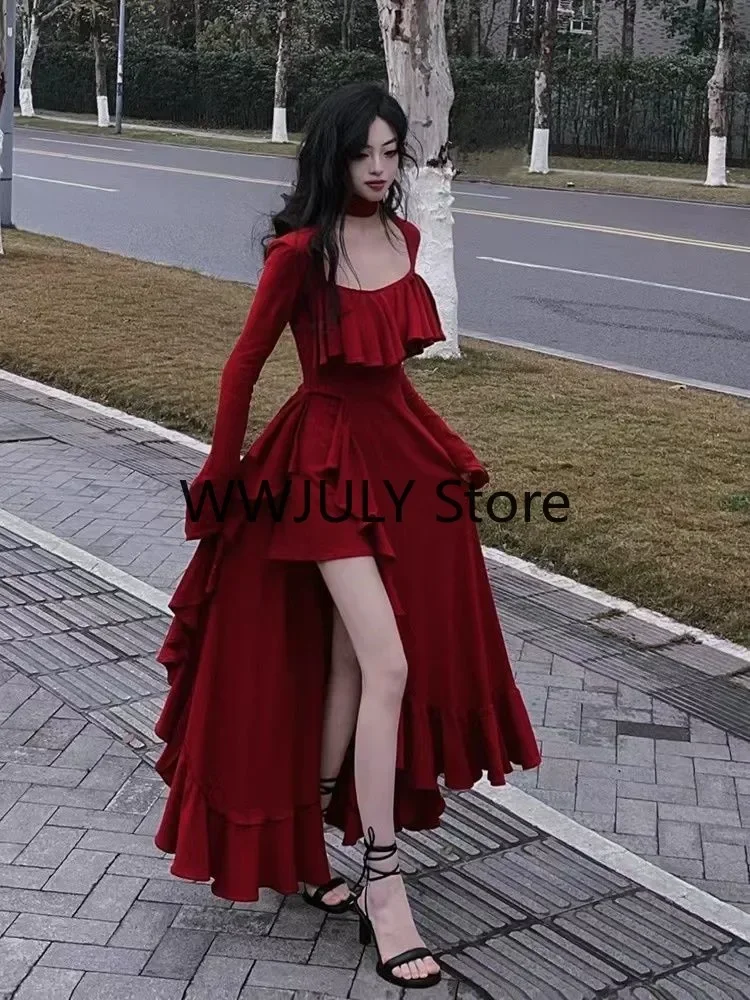 2024 Spring Women Elegant Long Slevee Midi Dress Female Red Square Collar Ruffle Party Dress Christmas Irregular Prom Dress