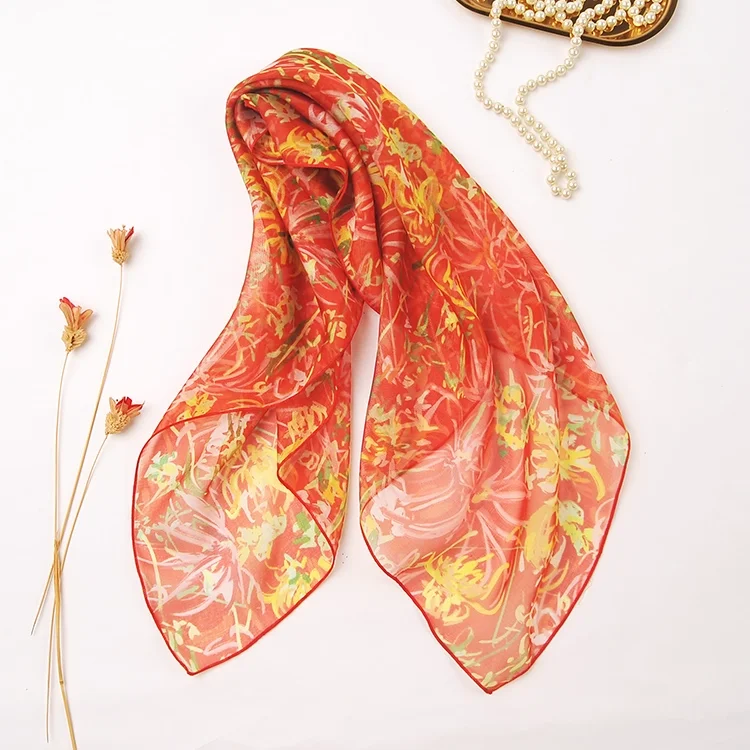 100% шелковый шарф для женщин, осень-весна, этнический оранжевый квадратный шарф с принтом ромашки, шелковый носовой платок из чистого натурального шелка, дизайнерский шарф