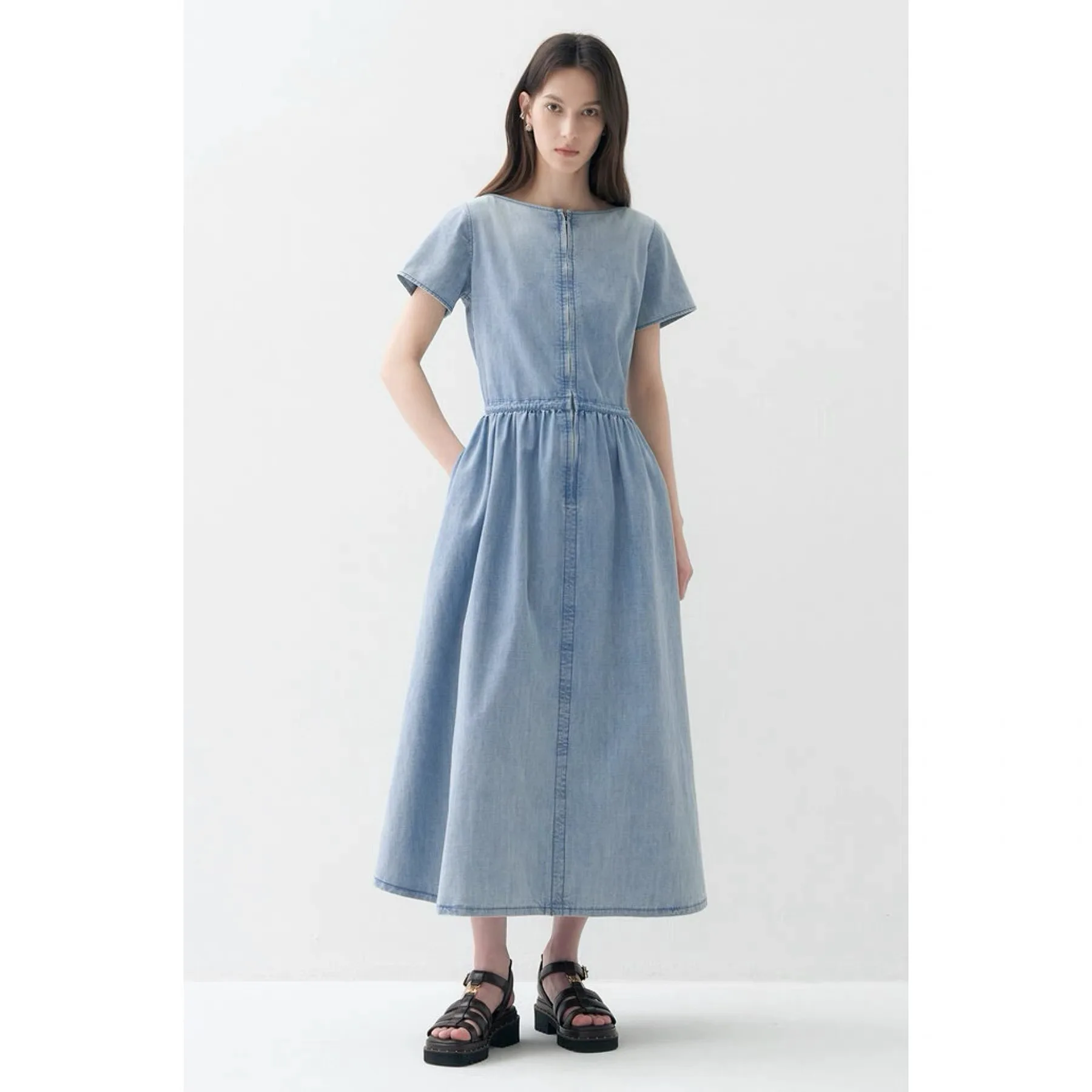 

Slimming Long A-Line Denim Dress Lemon Cheese LAN26 Summer round Neck Commute Style Short Sleeve Zipper Cotton Women's Dress