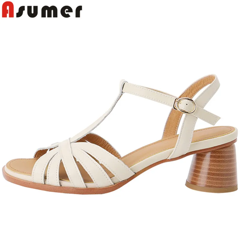 ASUMER 2022 New Rome Genuine Leather Women Sandals Round Med Heels Sandals Buckle Solid Ladies Summer Dress Shoes