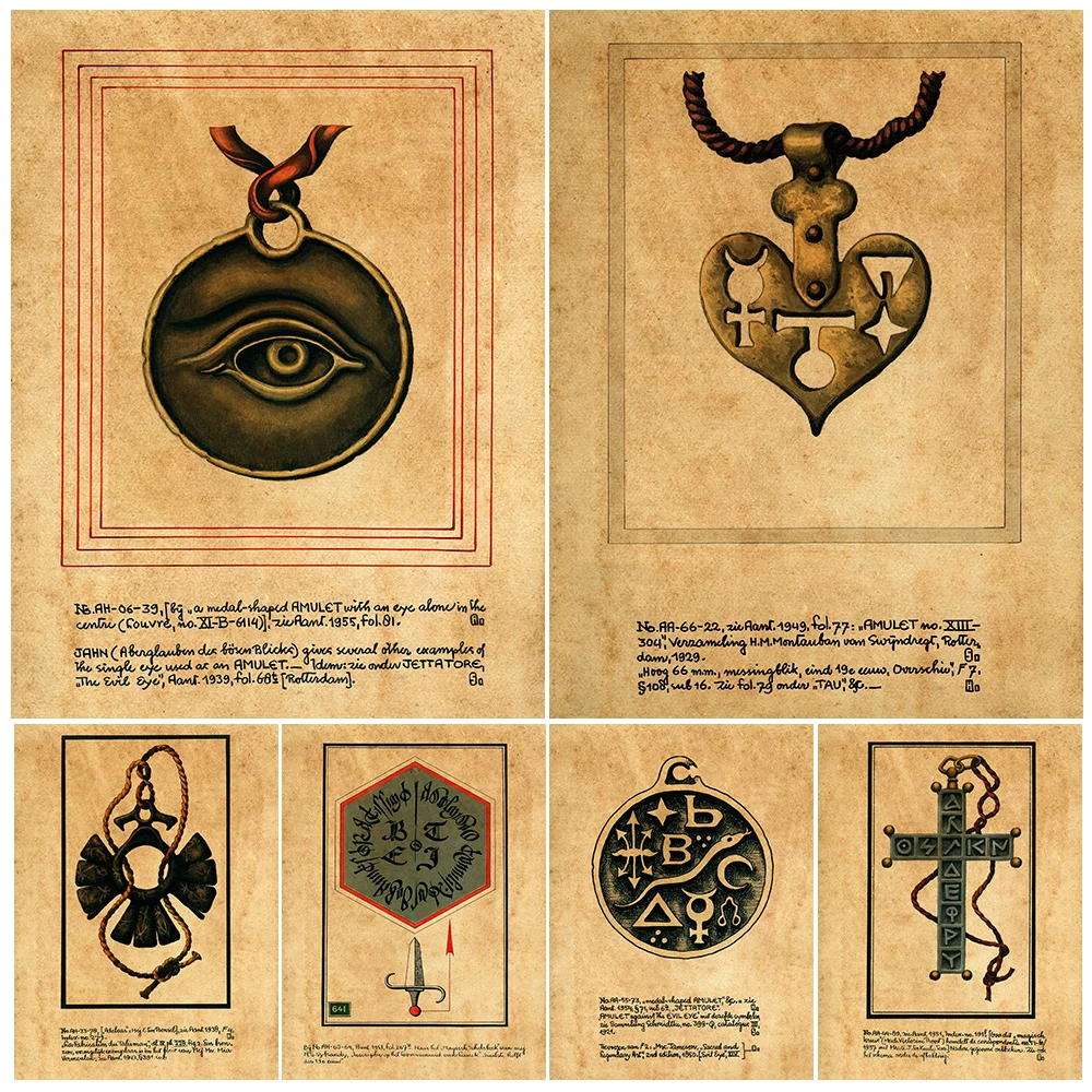 Magical Sigils And Amulets Lore Vintage Page,Wall Art Canvas Print,Mystical Witchcraft Ornaments Illustrations,Art Poster Print