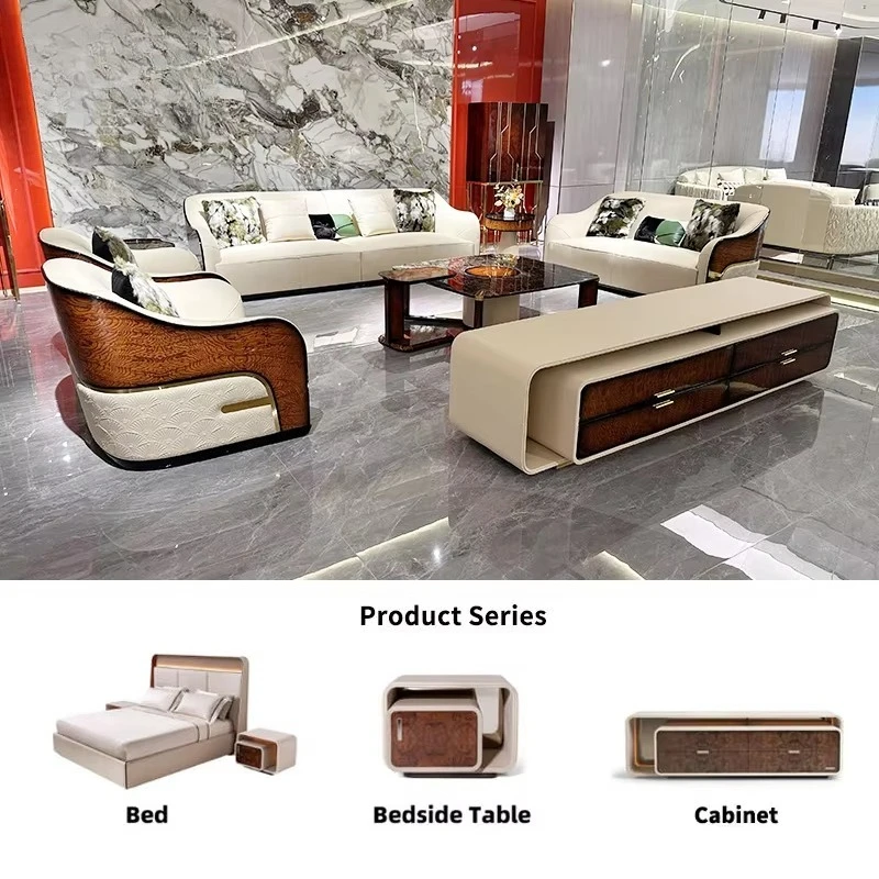

Luxury Living Room Genuine Leather Wood TV Cabinet with LED Lights High-End Designer Whole-House Custom Furniture Set for Villa