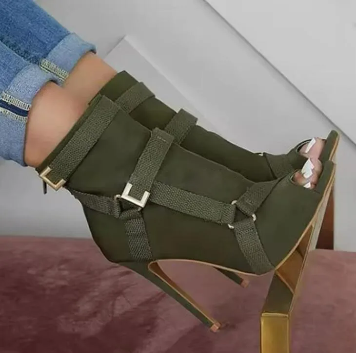Neon Yellow Green Rubber Buckle Fasten Strap Ankle Boots Woman Stiletto High Heel Peep Toe Stretch Fabric Boots view 5