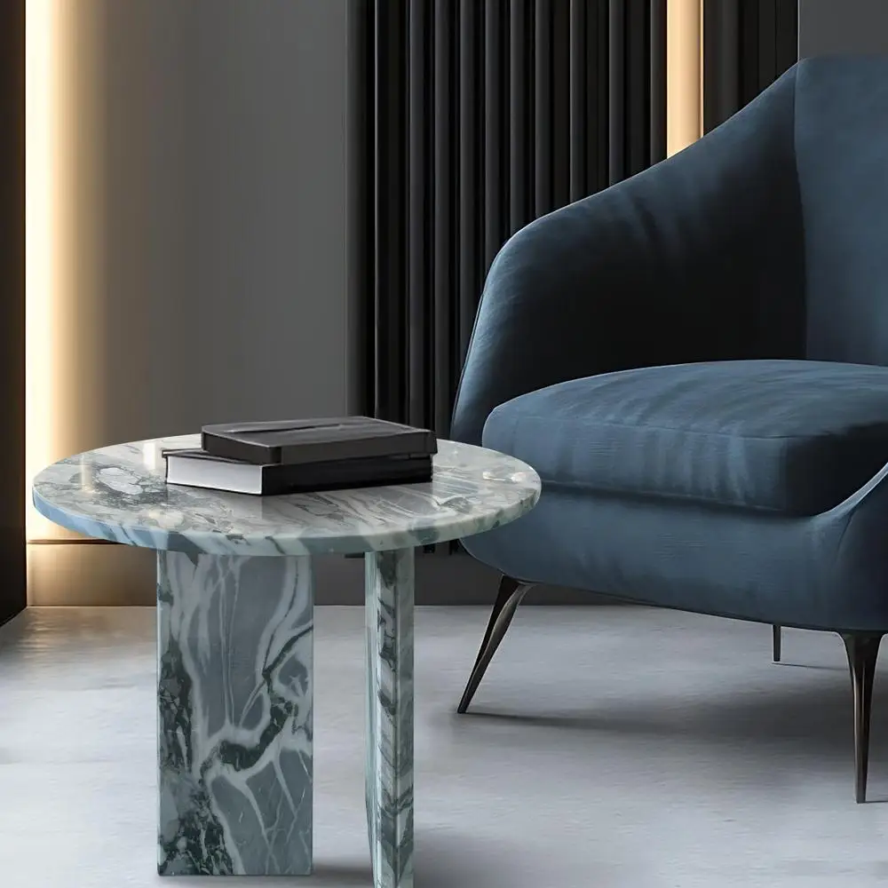 

Grey Blue Natural Marble Coffee Table Small End Table Genuine Stone Living Room Accent Furniture Ø17.7 x 15.8 Inch