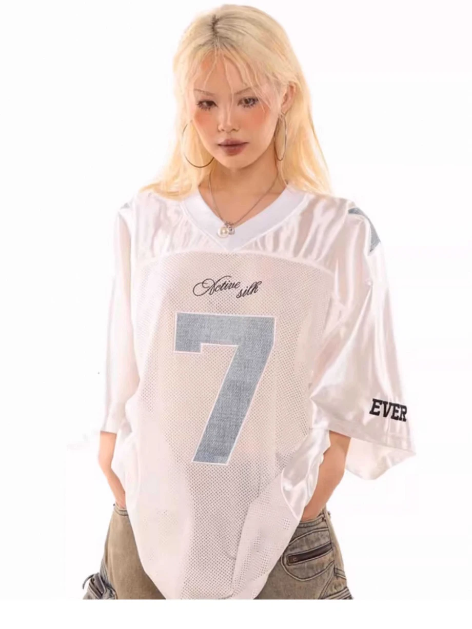 

Футболка в стиле ретро Street Sle ort Sve, женская летняя тонкая свободная футболка с заниженными плечами, трикотаж с 7 номеров, 2000 штук