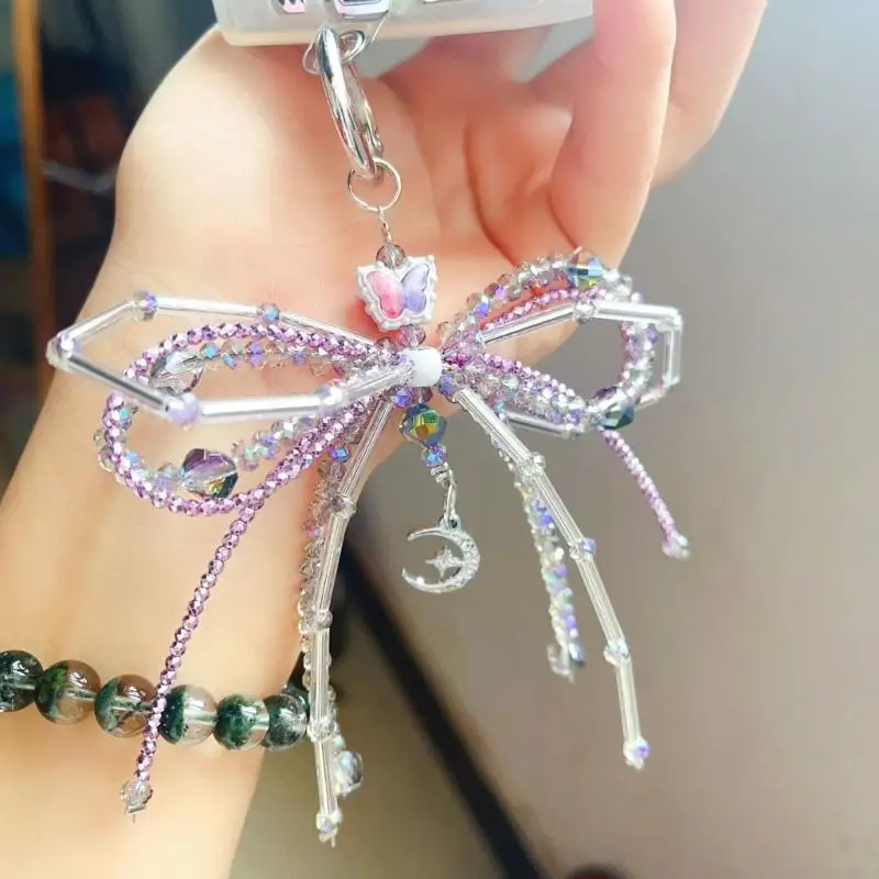 57QA Glass Beaded Bowknot Phone Strap Butterfly Knot Pendant Keyring Stylish Phone Charm Adorment for Women and Girls