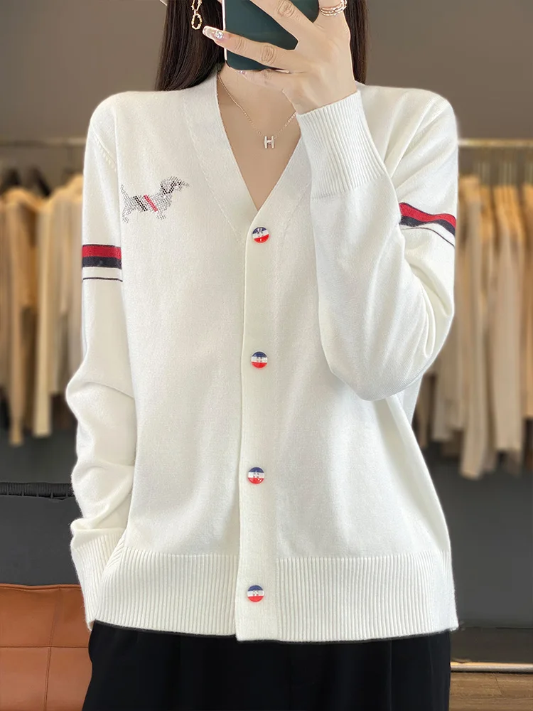 

30% Merino Wool Women Sweater Autumn Winter Striped Knitwear Casual V-Neck Diamonds Cardigan Long Sleeve Popular Clothing Tops