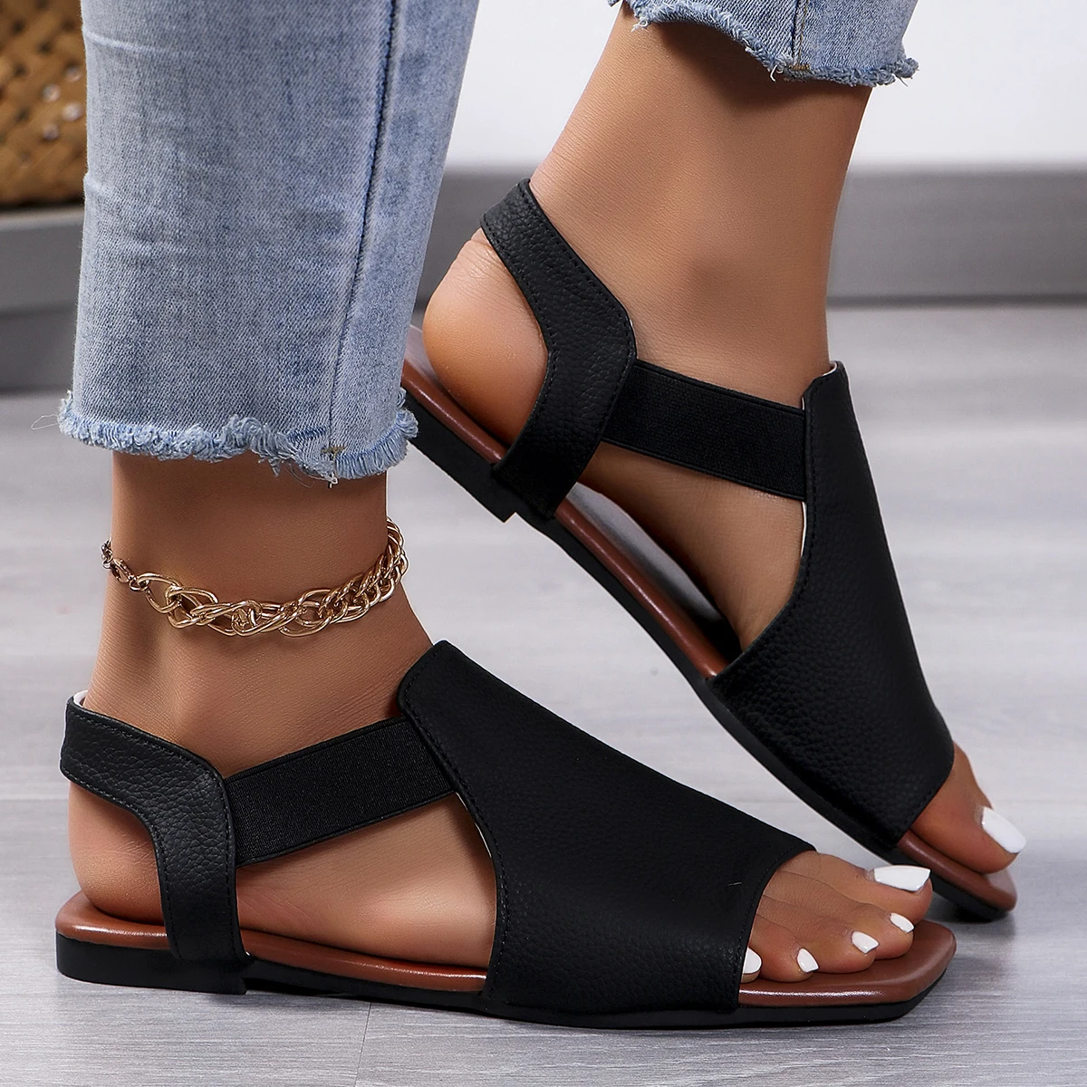 

New Women Flat Sandals Leather Slingbacks Sandal Rome Style Summer Casual Outdoor Ladies Shoes Open Toe Fish Mouth Shoes Zapatos