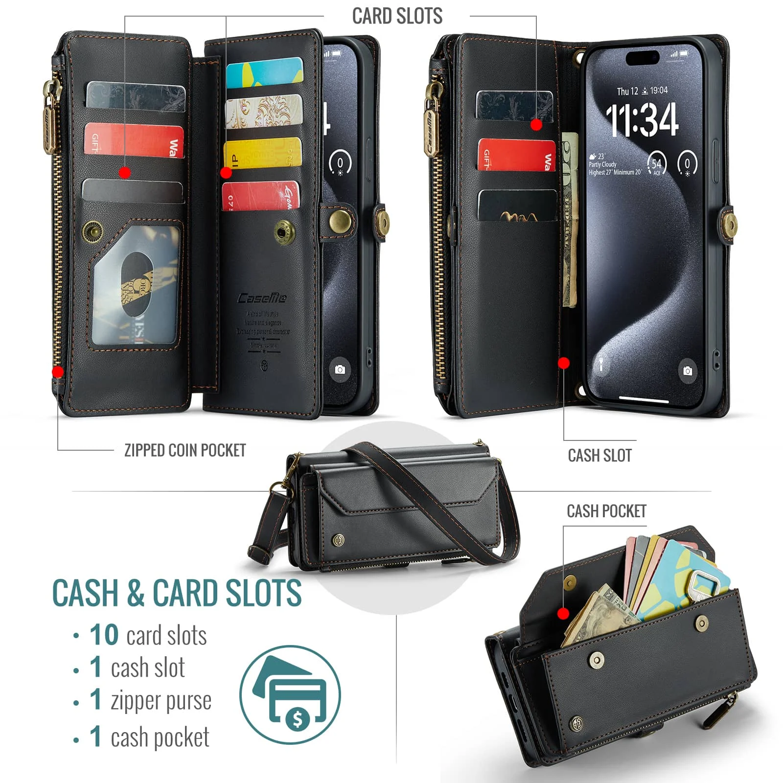 Crossbody for iPhone 16 Pro Max iPhone 16 Plus Case Wallet【RFID Blocking】 with 7-Card Holder Zipper Bills Slot, Soft PU Leather