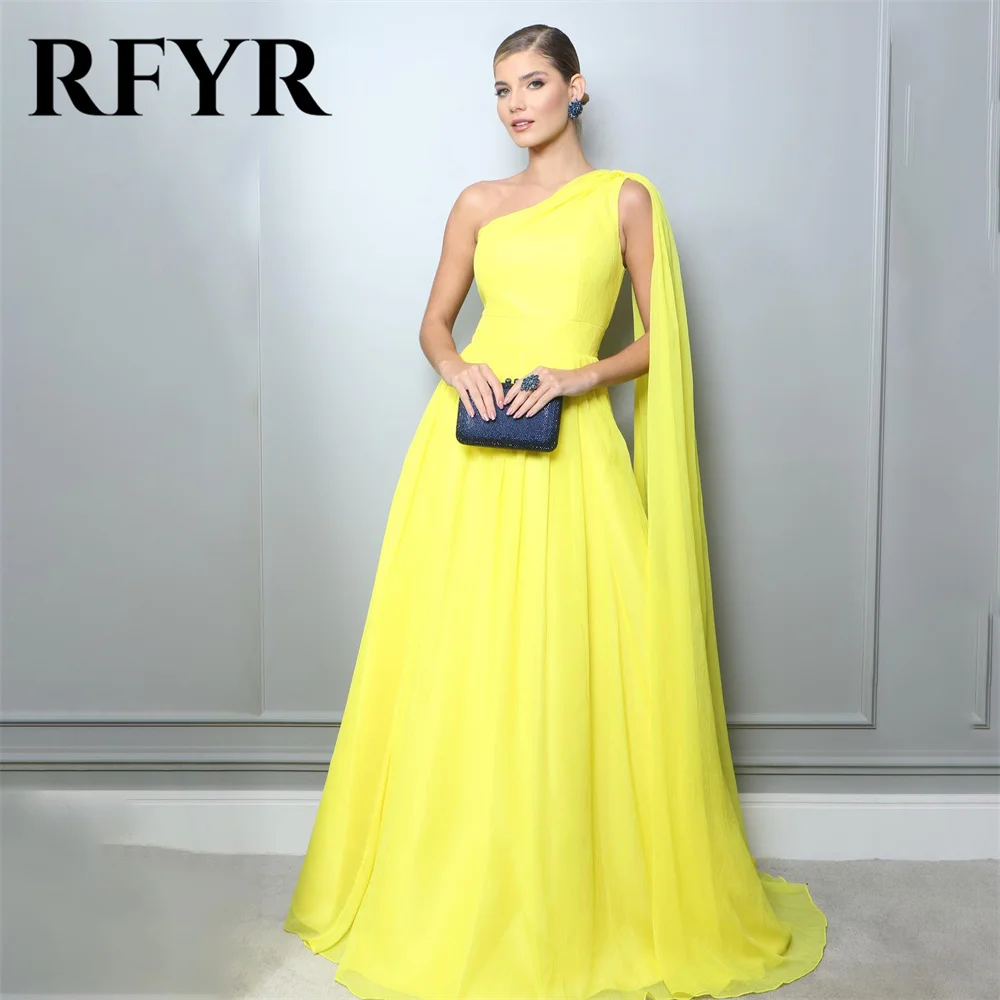 

RFYR Yellow A Line Prom Dress Appliques Party Dresses One Shoulder Celebrity Gowns Chiffon Wedding Party Dress вечерние платья