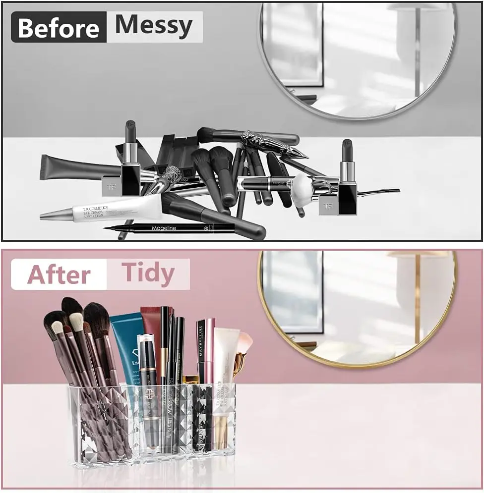 Organisateur cosmétique, porte-brosse de maquillage en cristal à 3 compartiments pour eye-liners, rouge à lèvres, mascara, rangement de maquillage en acrylique pour le bain