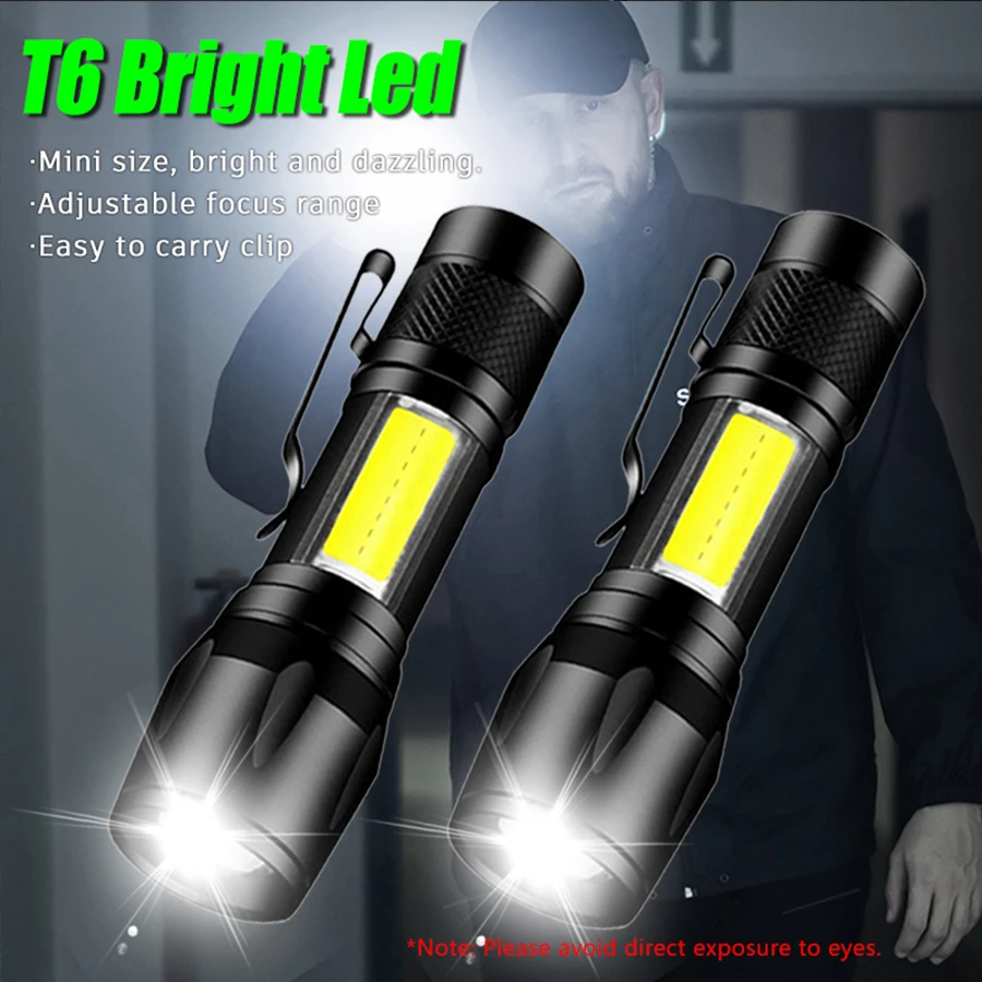 EDC مصباح يدوي قابل لإعادة الشحن T6 LED زوومابلي Cob الشعلة التكتيكية IPX4 مقاوم للماء ضوء محمول ، التخييم في الهواء الطلق المشي لمسافات طويلة في حالات الطوارئ