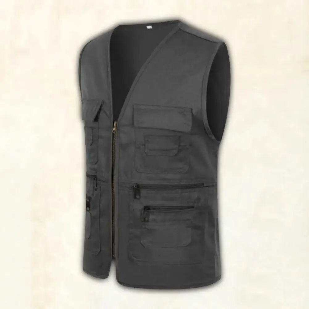 Men Vest JacketMultiple Pockets Zipper Sleeveless Fishing Waistcoat Camping Work Clothes V Neck Outdoor Waistcoat Volunteer Vest