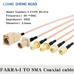 Linha de cabo coaxial RG316, FAKRA I Tipo para SMA Masculino Feminino Cabo Coaxial Conector, RF Crimp para Cabo GPS Antena, 6G