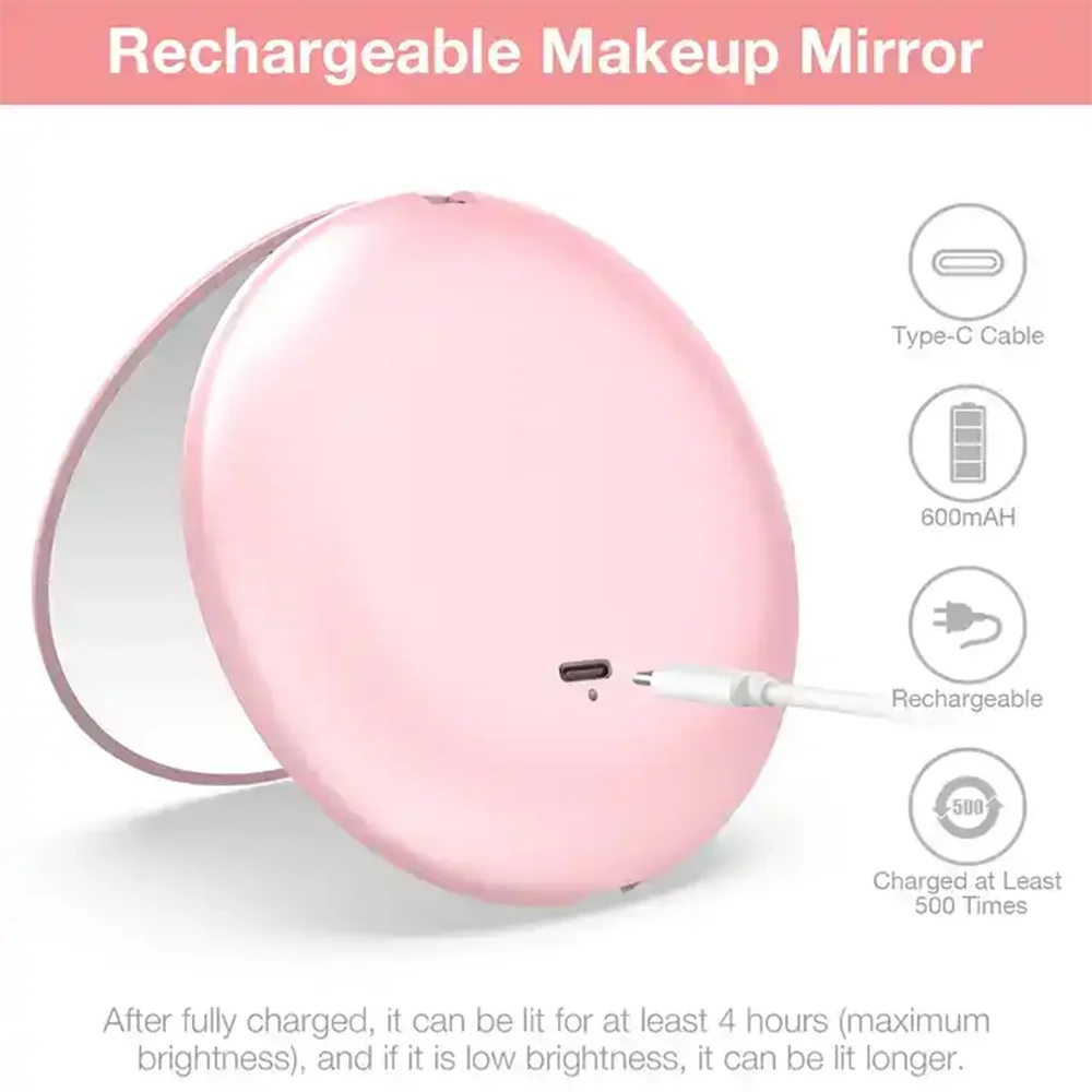 Compact Magnifying Makeup Mirror Portable Folding Cosmetic Mirror With Light Led Rechargeable Double Side Mini Mirror For Travel