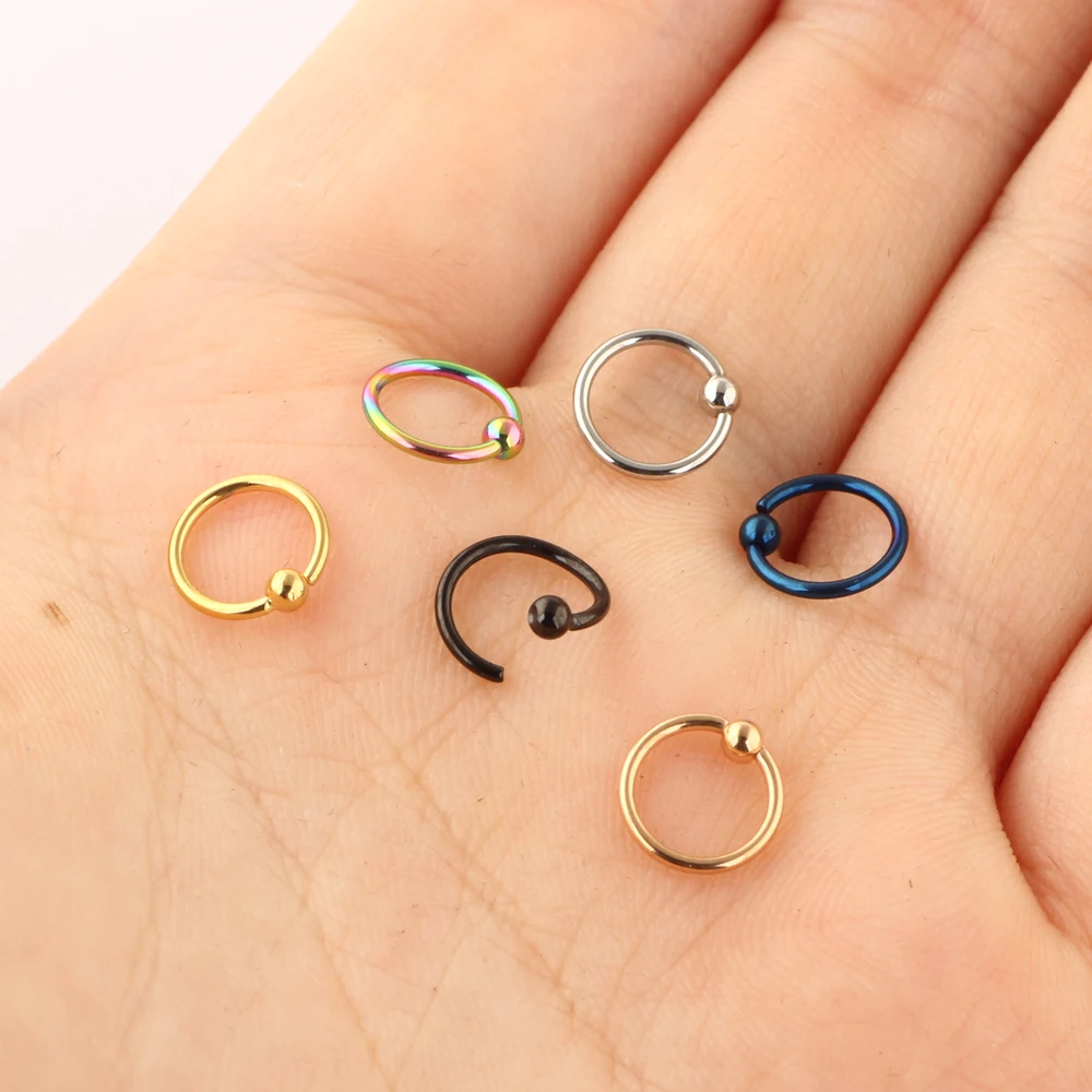 6pcs/1 Set Stainless Steel Ball 6 Colors Hoop Earrings Circle Captive Bead Ring Ear Nose Septum Helix Tragus Cartilage Piercing