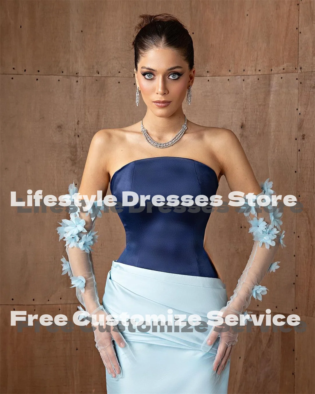 Customized Satin Pleat Straight Sweet Evening Dress With Flowers Gloves Back Split Formal Occasion Prom Dress Blue Party Gown