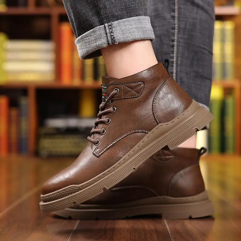 New in Winter Men Boots Warm Plush Lace-up Ankle Boots Comfy Office Work Shoe Casual Formal Footwear Brand Men\'s Leather Shoes