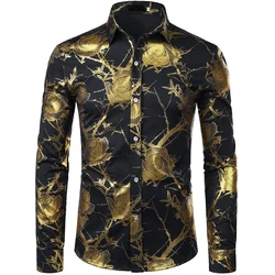 Mens Nightclub Golden Shirts 3D Rose Flower Printed Slim Fit Button Down Party Dress Shirt Casual Long Sleeve Plus Size T Shirt