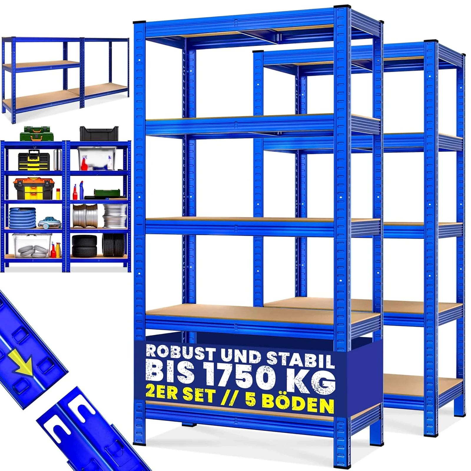 2 Stück Schwerlastregal Set 180x90x40 cm, 875 kg Traglast, 175 kg pro Ebene, 5 Böden Regal und Werkbank, 5 Stufen Kellerregal, Lagerregal