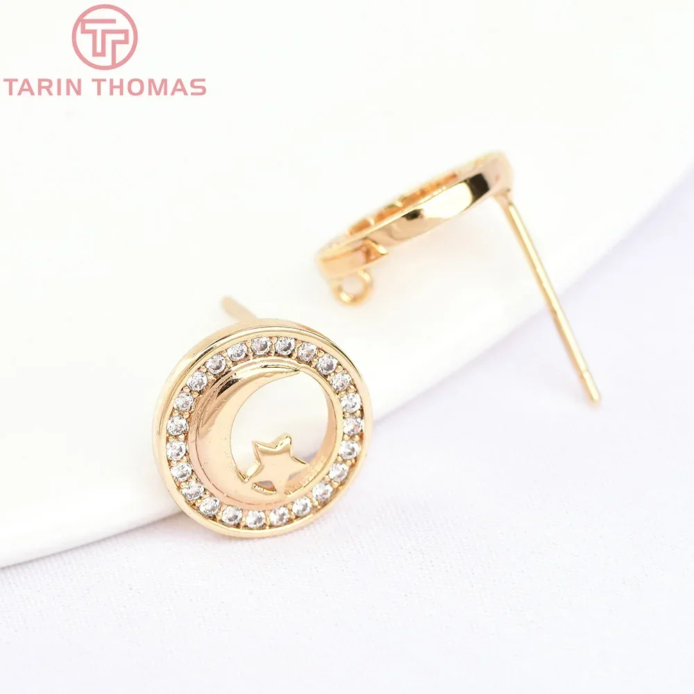 (5923)2PCS 11.5MM 24K Gold Color Brass with Zircon Round Stud Earring High Quality Jewelry Making Findings Accessories Wholesale