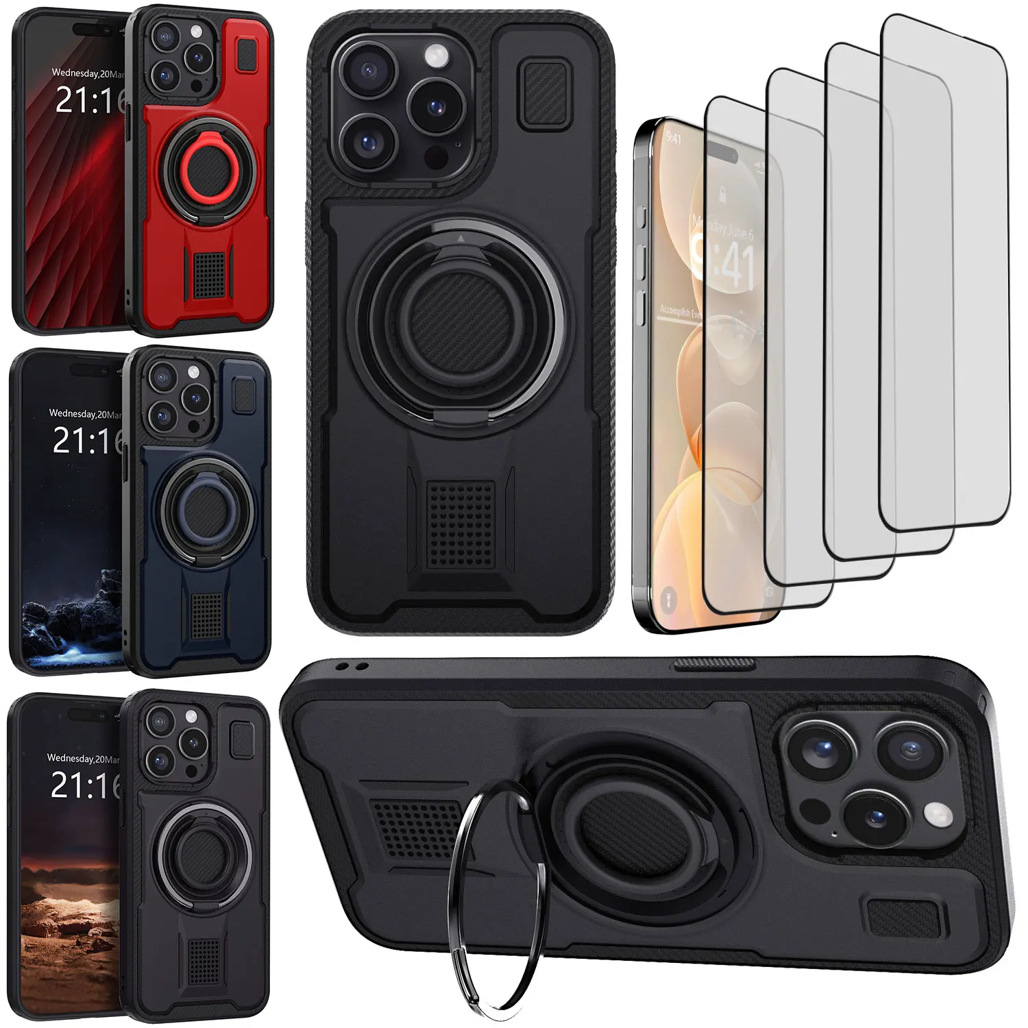 

For iPhone 15/15 Pro/15 Pro Max/15 Plus Hybrid Rugged Case Ring Kickstand Holder +4pcs Clear Tempered Glass Screen Protectors