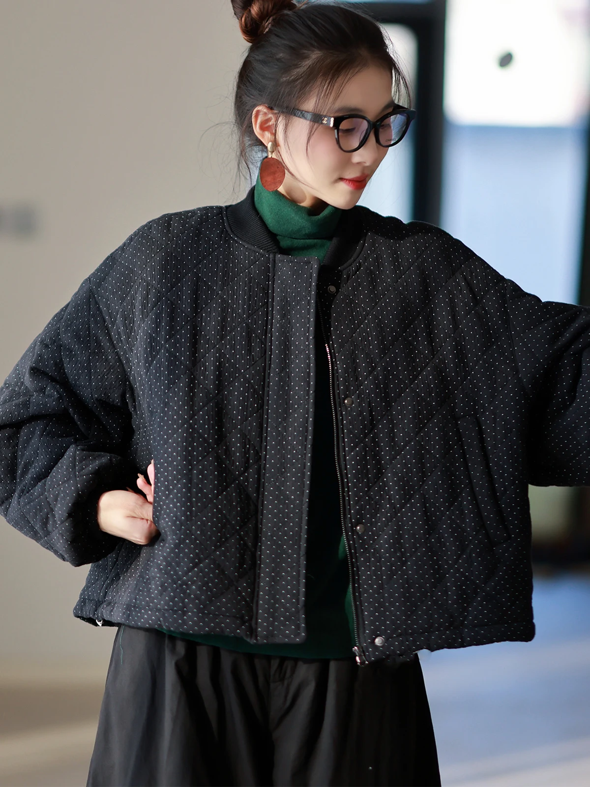 

Original Design Women's Cotton Jaet Autumn Winter New Vintage Polka Dot Fill Cotton ort Baseball Sle Warm Coat Outerwear