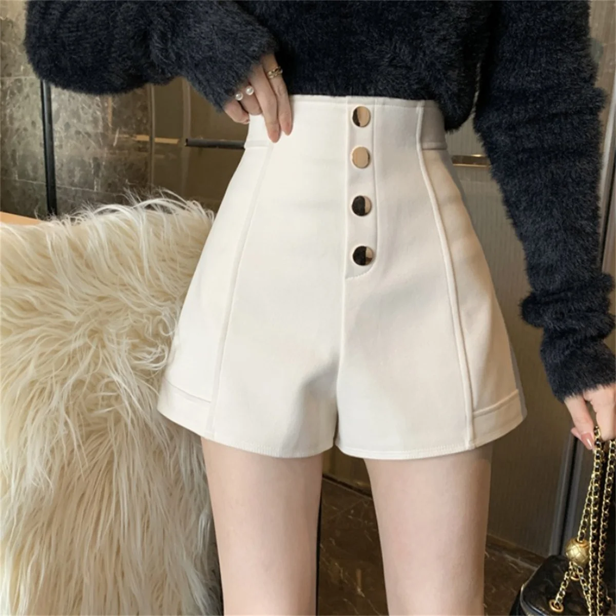 ハイウエストシックショーツ レディース 夏 秋 ヴィンテージ 無地 ボタン Aライン ワイドレッグ ショートパンツ 韓国風 スリム カジュアル トラウザーズ ストリート