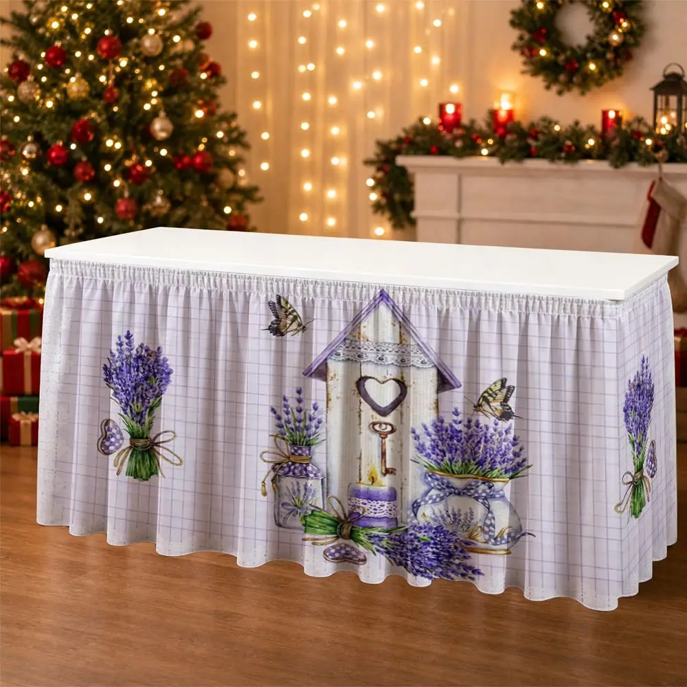 One set of party table decoration - lavender flower bouquet, birdhouse, butterfly cross-stitch, ruffled tablecloth border