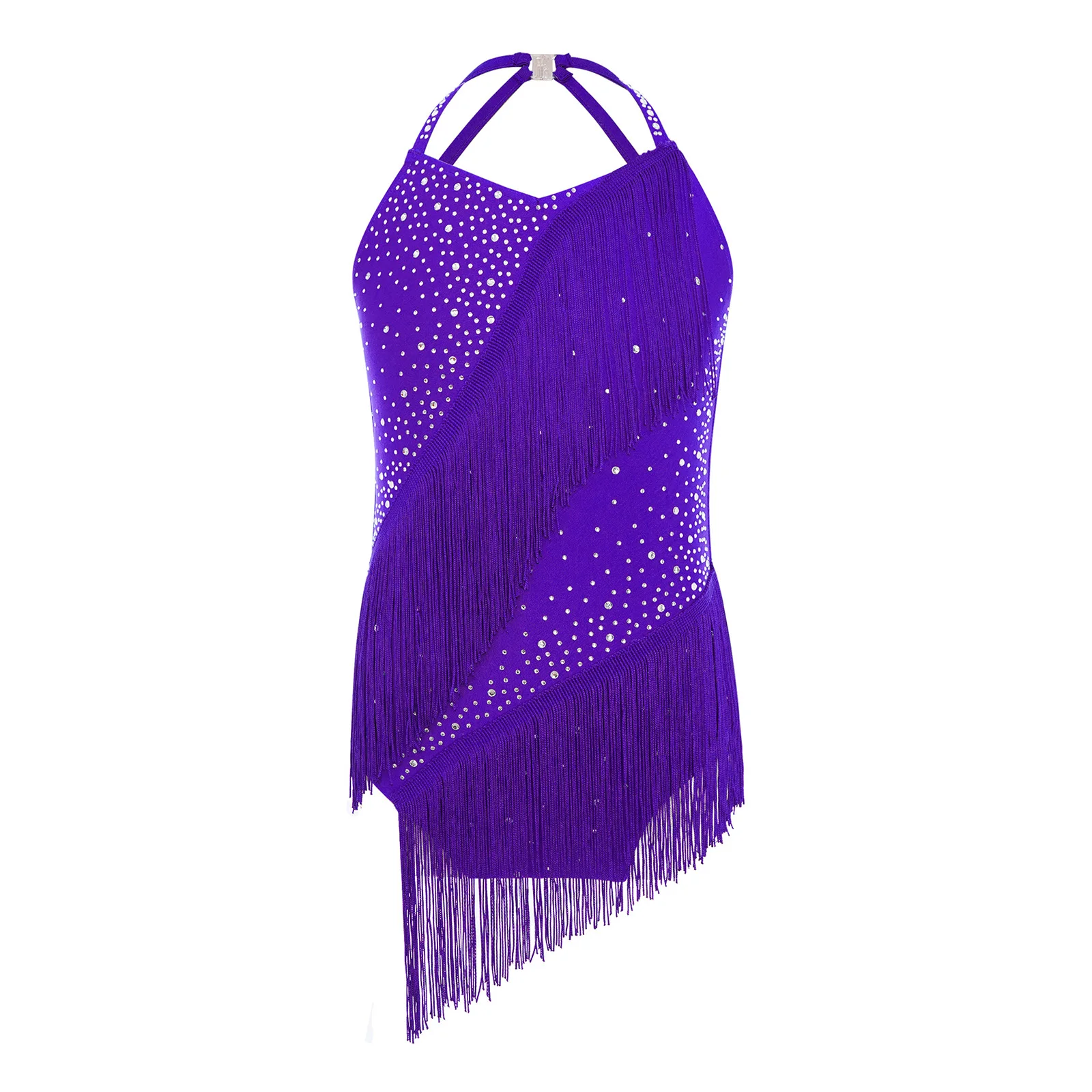 Kids Girls Lyrical Figure Skating Dance Outfit Backless Halter Ballet Latin Dance Leotard with Shiny Rhinestones for Ice Show