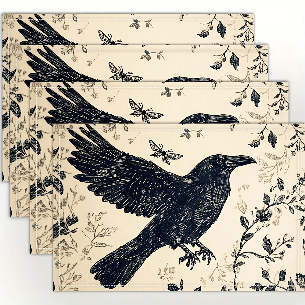 Raven And Butterfly Print Linen Placemat Set Gothic Style Table Mats For Dining Room Decor Kitchen Accessories Heat Resistant