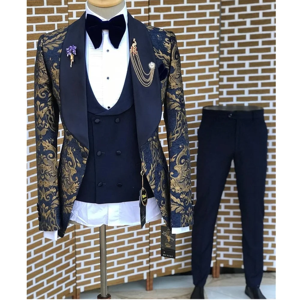 

Latest Design Navy Blue Gold Jacquard Luxury Suit Tuxedo Men's Wedding Groom Groomsman Slim Fit 3Piece Outfit Jacket+Pants+Vest