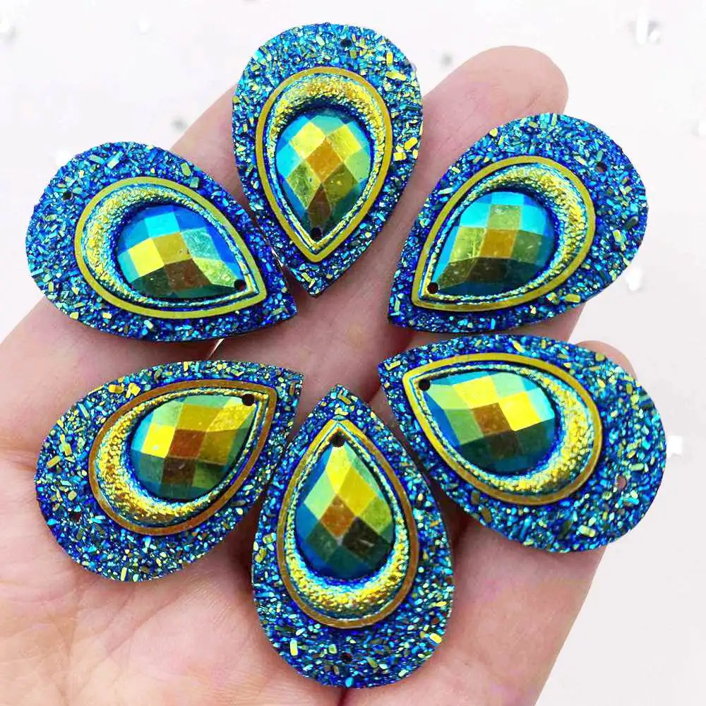 8Pcs Shiny AB Resin 20*30mm Peacock Teardrop Gem Flatback Rhinestone Appliques Wedding Crystal Decoration 2 Hole Craft